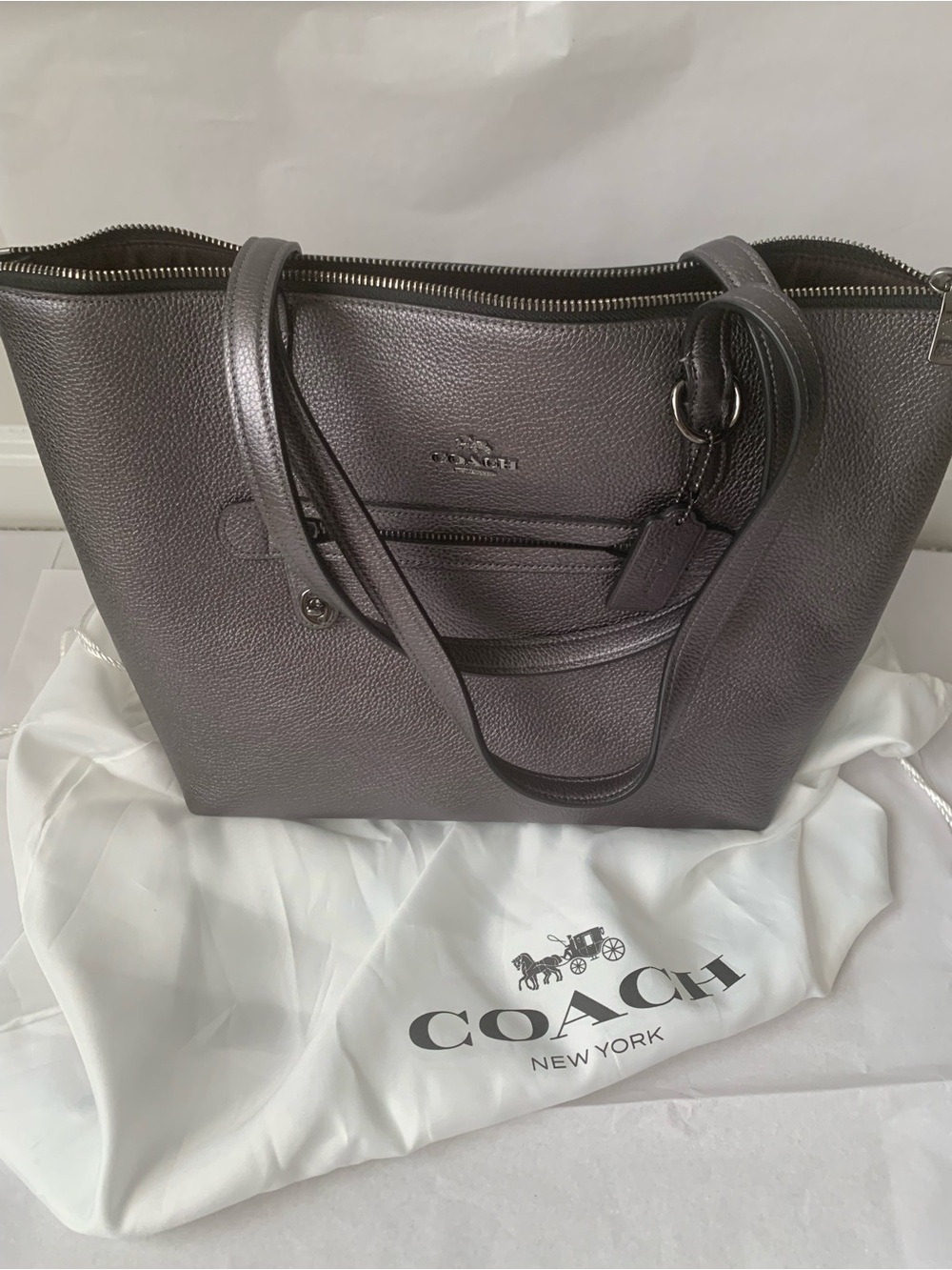 Coach Pebbled Leather Tote in Pewter